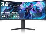 KOORUI 21:9 WQHD 3440 * 1440 4K （HDR 400）34 Inch 1800R Curved Gaming Monitor, 165Hz MPRT 1MS  Hdmi DP 90% DCI-P3 OSD Roker Computer Gamer Monitors