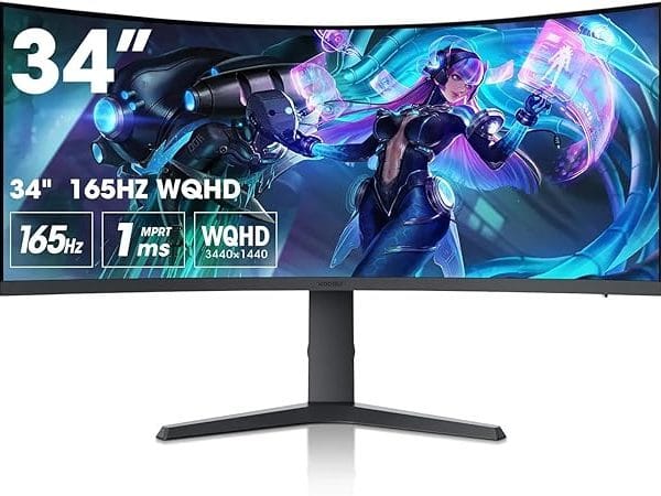 KOORUI 21:9 WQHD 3440 * 1440 4K （HDR 400）34 Inch 1800R Curved Gaming Monitor, 165Hz MPRT 1MS  Hdmi DP 90% DCI-P3 OSD Roker Computer Gamer Monitors