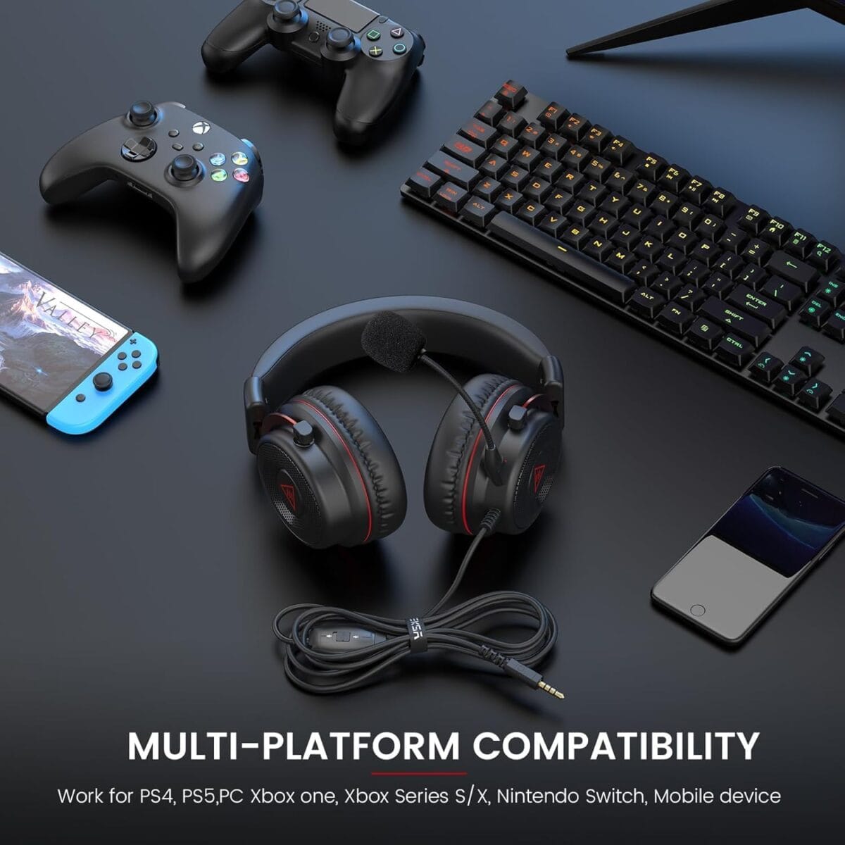 EKSA Gaming Headset, Wired PS4 Headset with Noise Canceling Mic, Over-Ear Gaming Headphones Compatible with Xbox One Controller, for PS4, PS5, PC, Laptop (E900-Red)  - Color : Red - Image 6