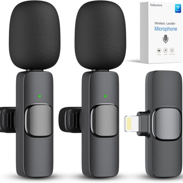 Kdewere 2 Pack Wireless Lavalier Microphone for iPhone iPad, Lapel Mics Plug-Play 2.4G Ultra-Low Delay Built-in Noise Reduction Chip