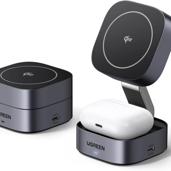 UGREEN Foldable 2-in-1 MagFlow Qi2 Wireless Charging Station 15W for Apple Magsafe Charger iPhone, Fast Magnetic Wireless Charger Stand for iPhone 17-12 Series, AirPods, iWatch - With 1M USB C Cable