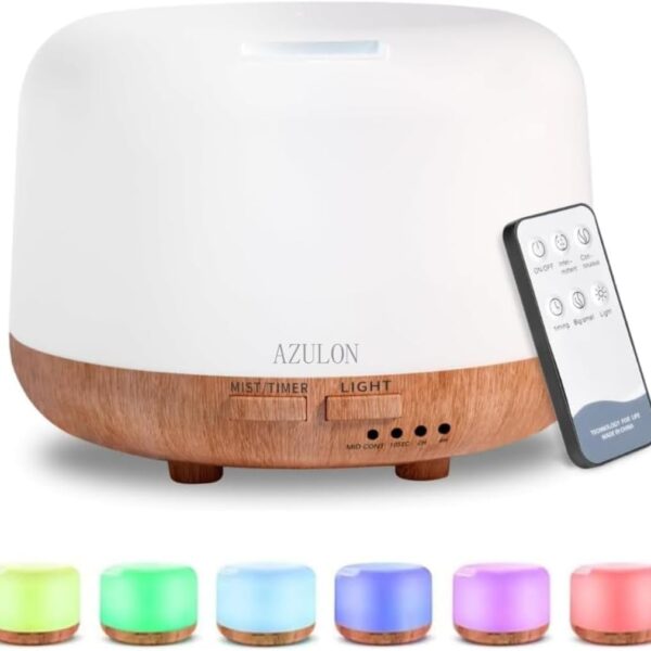 AZULON Aromatherapy Diffuser 300ml Essential Oil & Cool Mist Humidifier with Remote Control, 7 LED Colours, Timer & Auto Shut-Off