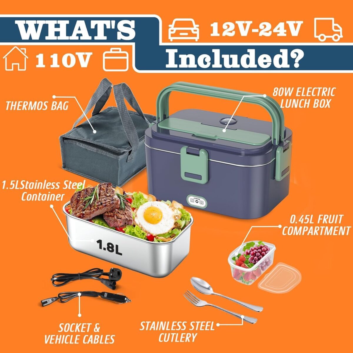 Electric Heated Lunch Box, 1.8L 304 Stainless Steel Reheating Food Warmer, Portable Electric Lunch Box - Image 5