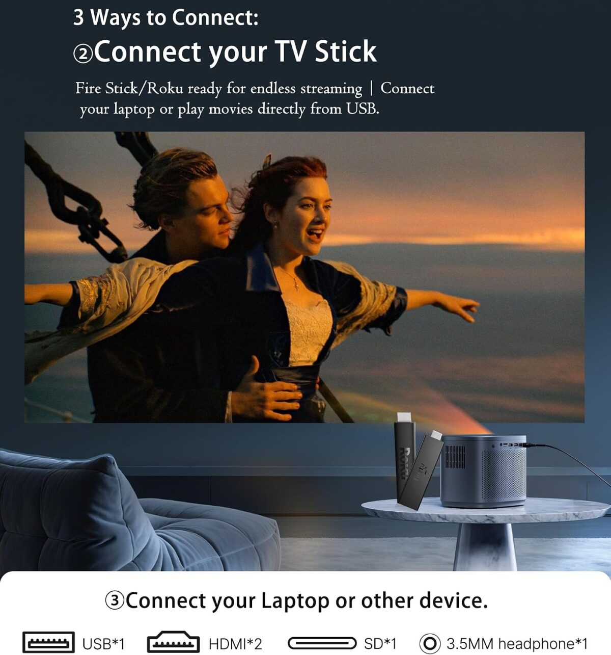 Mini Projector 1080P HD,4K Supported Portable Movie Projector-200” Display,Built-in Speaker - Image 4