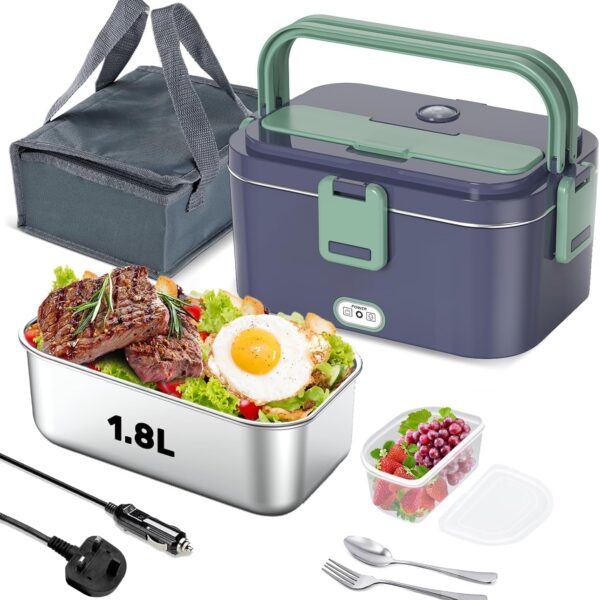 Electric Heated Lunch Box, 1.8L 304 Stainless Steel Reheating Food Warmer, Portable Electric Lunch Box