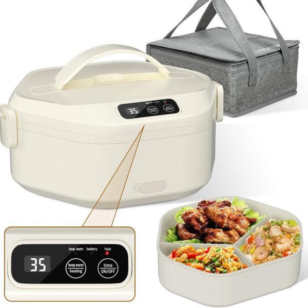Cordless Electric Lunch Box, Fast Heating Food Warmer with 3-Compartment Leak-Proof Tray, Ideal for Office