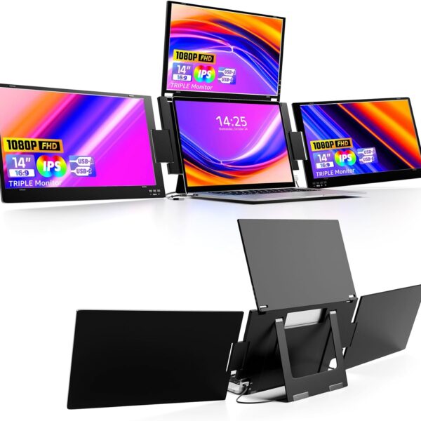 KPKUE 14" Triple Laptop Screen Extender, FHD IPS Multi Screen Extender with USB-C/USB-A