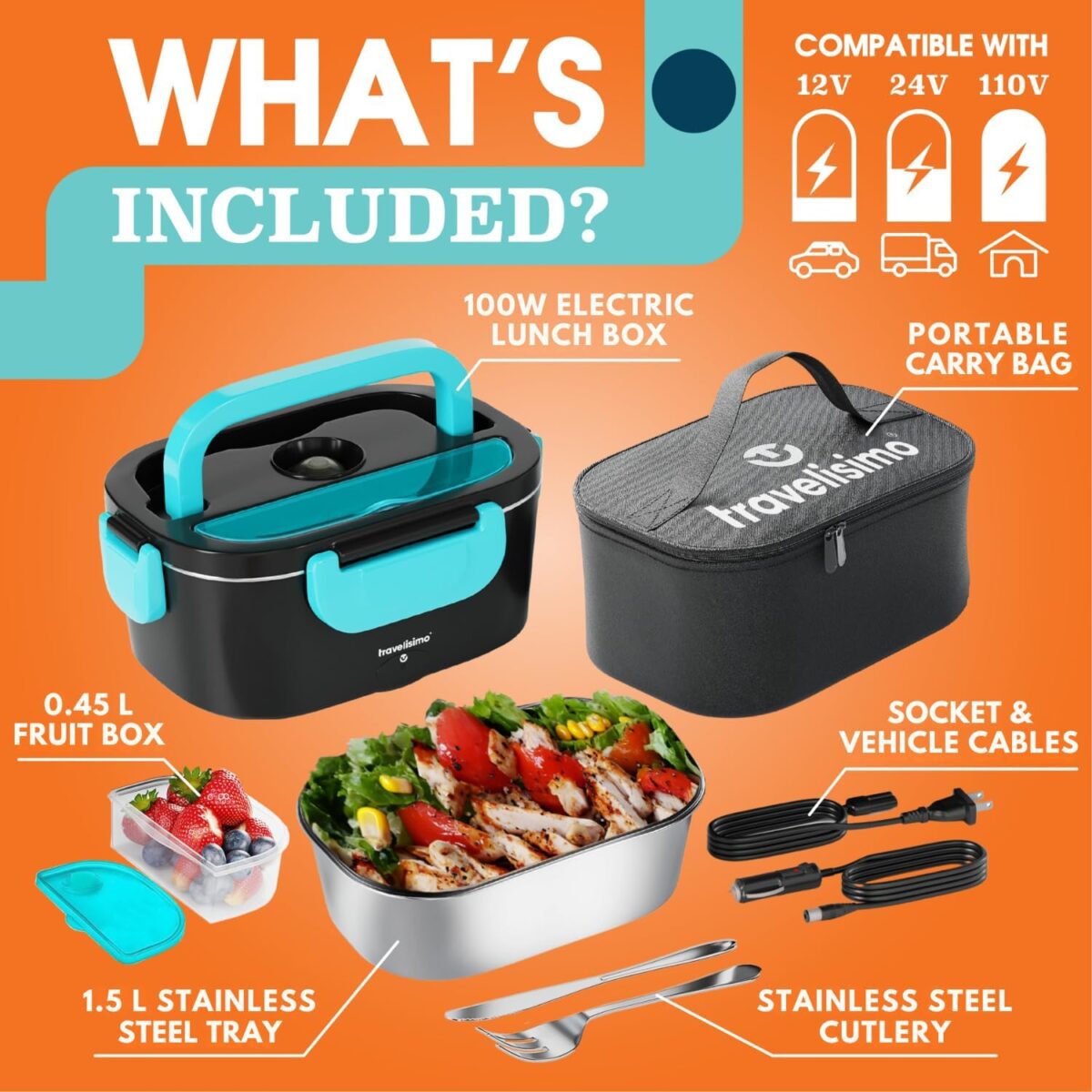 TRAVELISIMO 3 in 1 Electric Lunch Box, 80 W, 12 V/24 V/220 V, 1.5L - Image 5