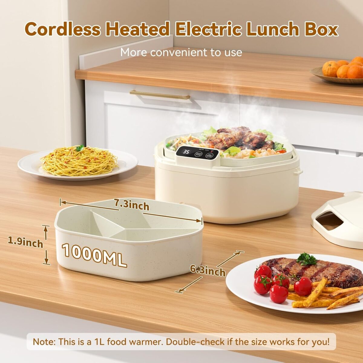 Cordless Electric Lunch Box, Fast Heating Food Warmer with 3-Compartment Leak-Proof Tray, Ideal for Office - Image 3