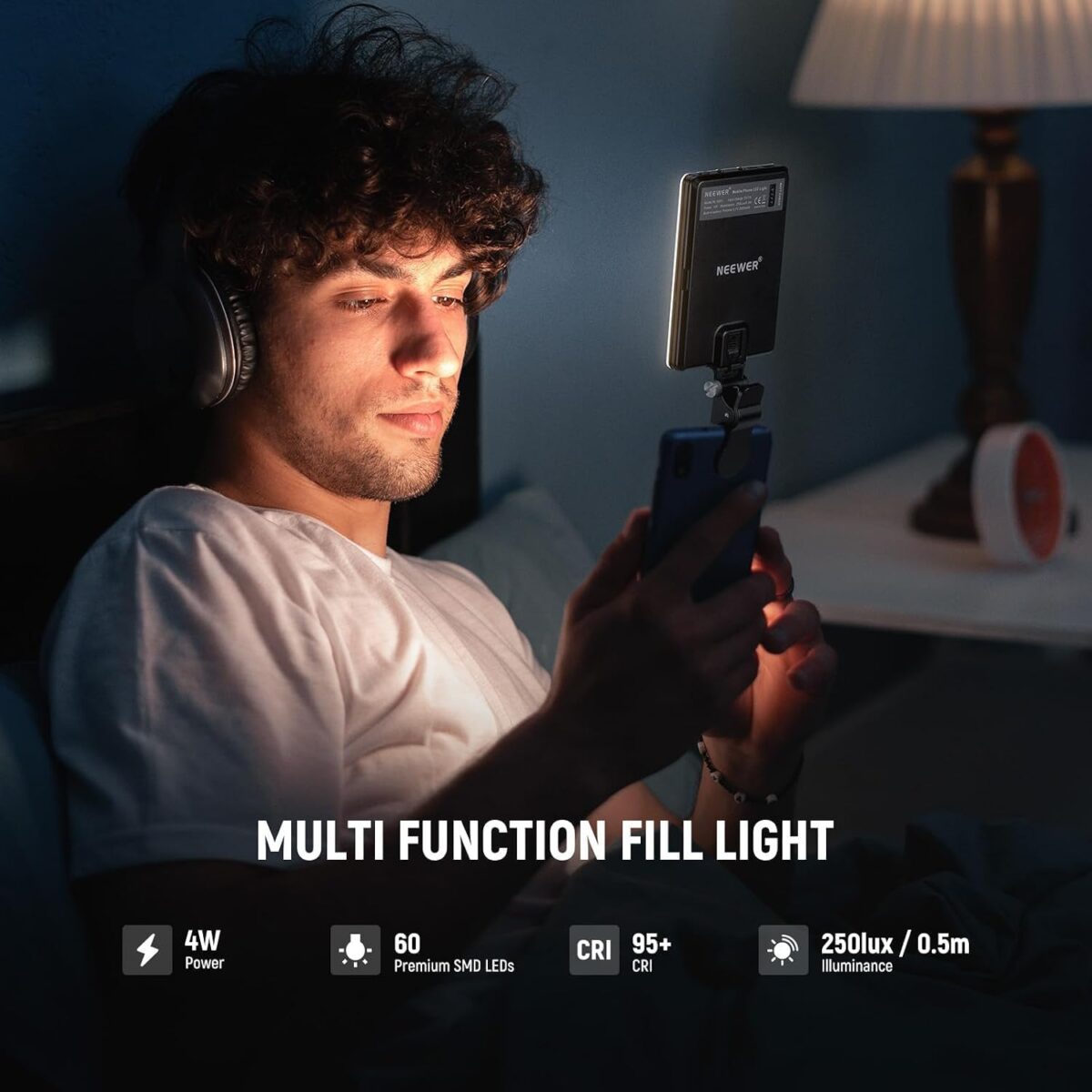 NEEWER NL-60AI Bi-Colour LED Selfie Light with Front Clip and Phone Holder - Image 4