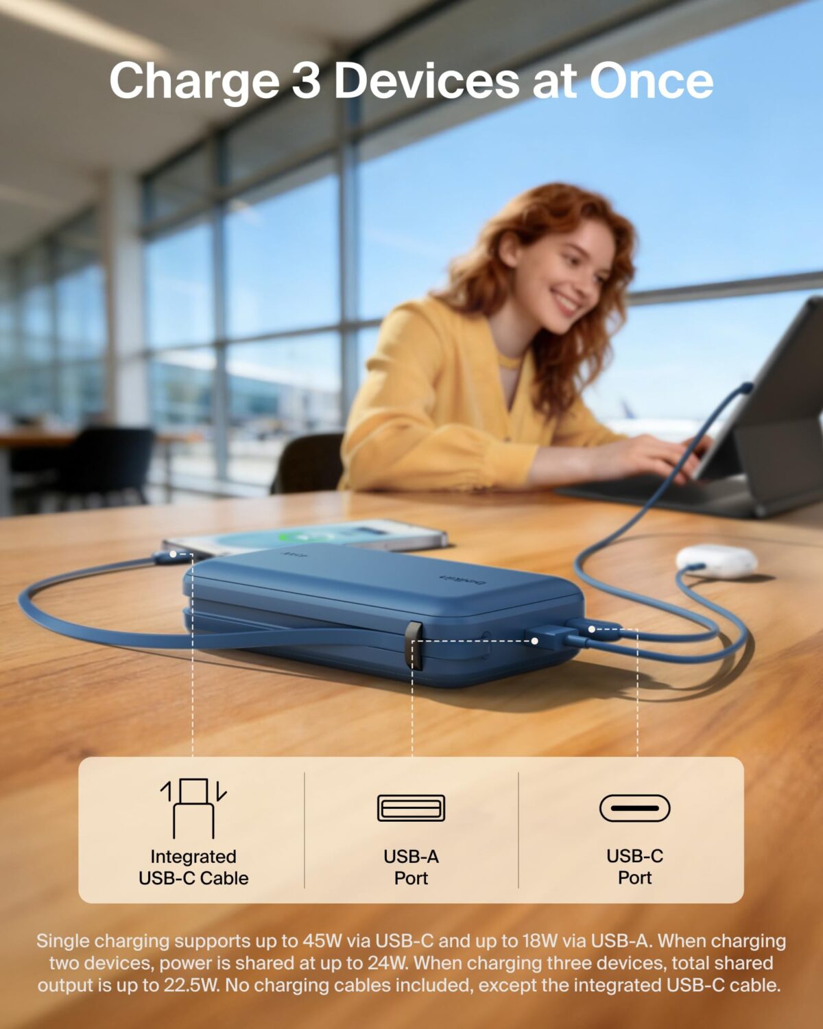 Belkin UltraCharge 20000mAh 45W Power Bank with Built-in USB-C Cable, Blue - Image 3