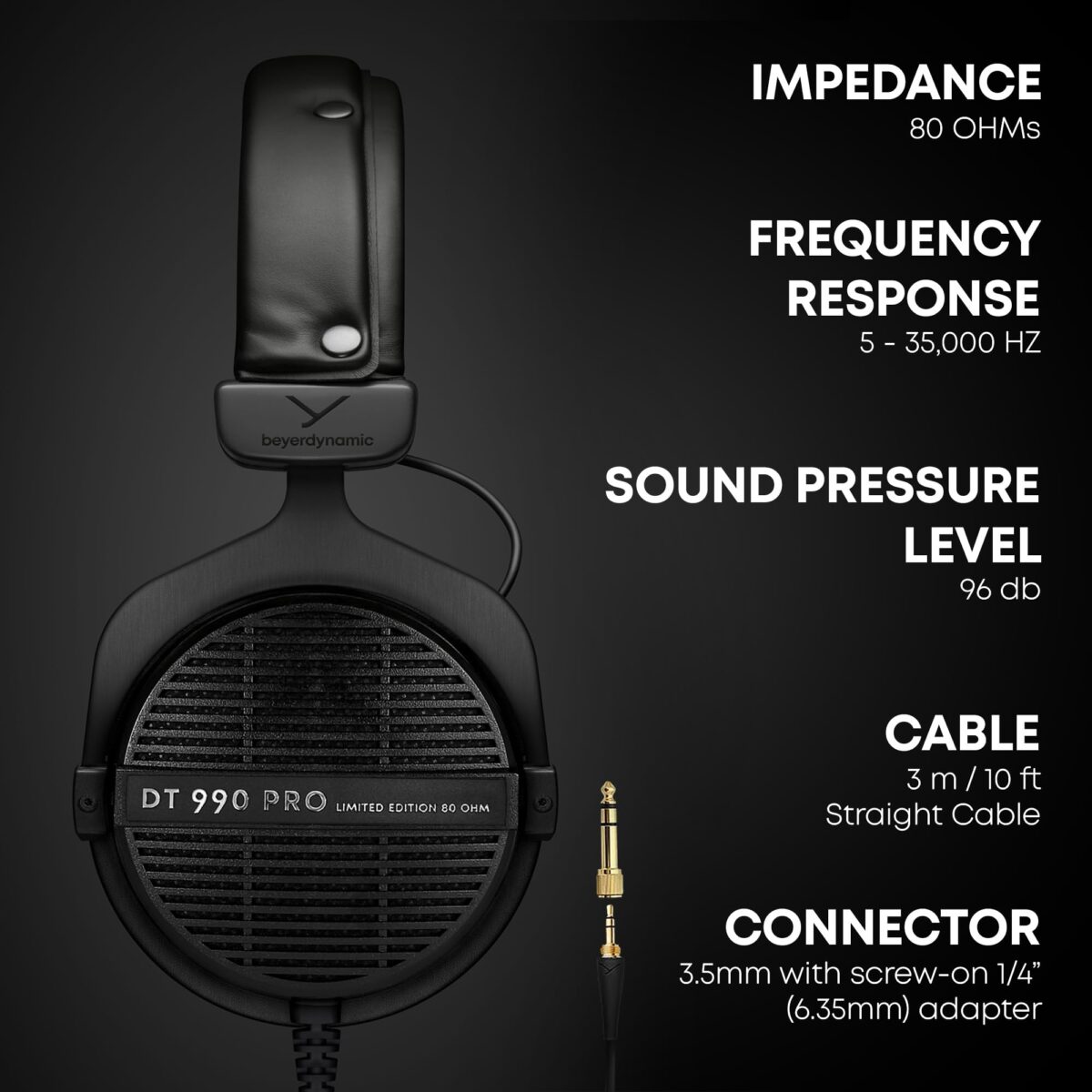beyerdynamic DT 990 PRO 80 Ohm Studio Headphones, Black Limited Edition - Image 3