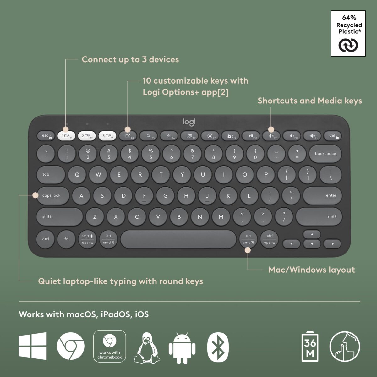 Logitech Pebble Keys 2 K380s Multi-Device Bluetooth Keyboard, Graphite - Image 4