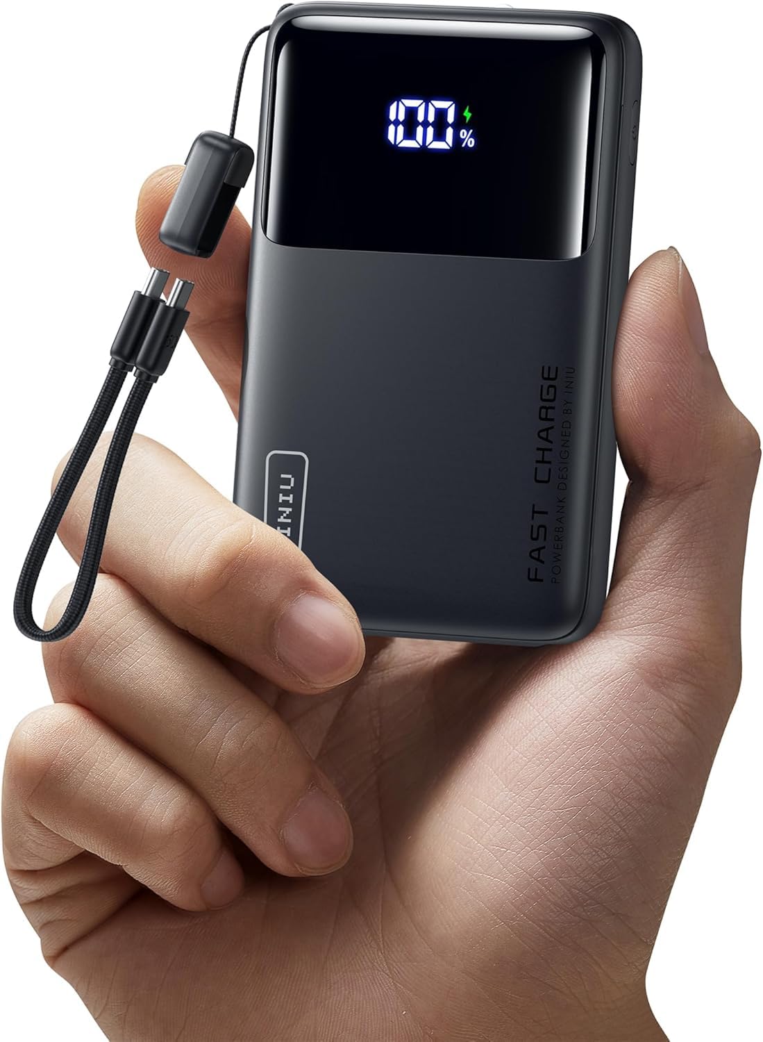 71G6UCWbKIL.jpg INIU 10000mAh 45W Power Bank with USB-C Lanyard Cable, Black - Image 1