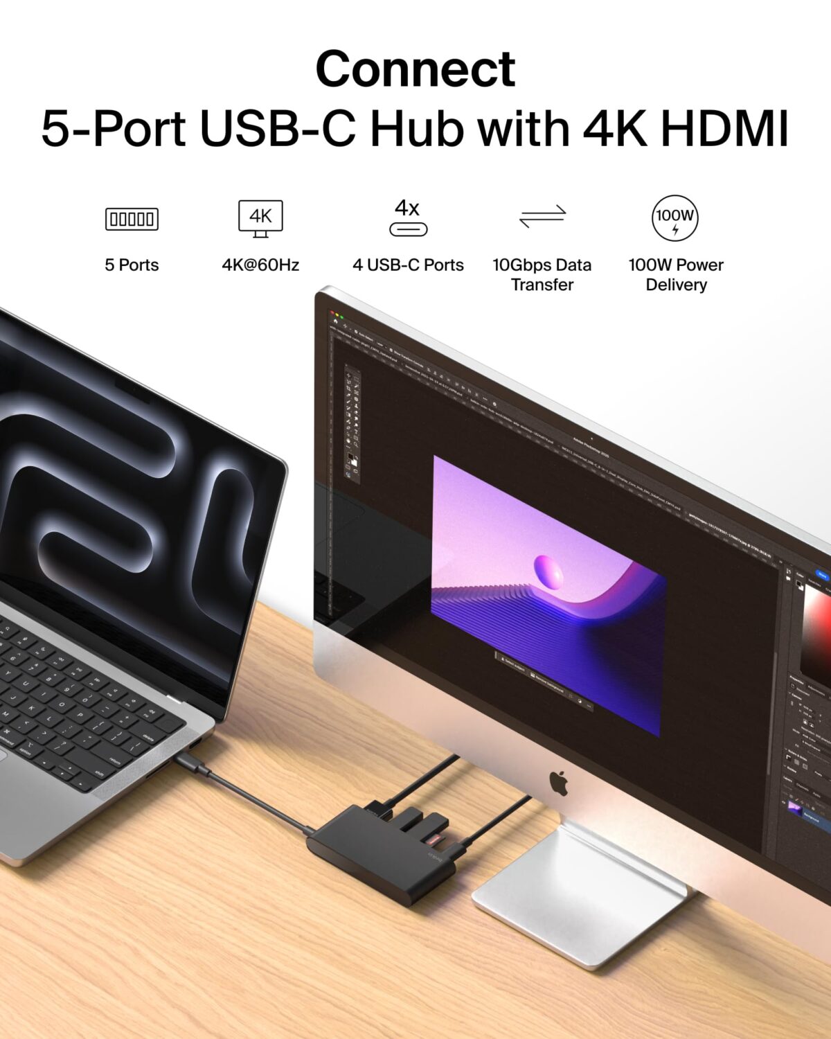 Belkin 5-Port USB-C Hub AVC021hqBK with 4K HDMI and 100W Power Delivery, Black - Image 2