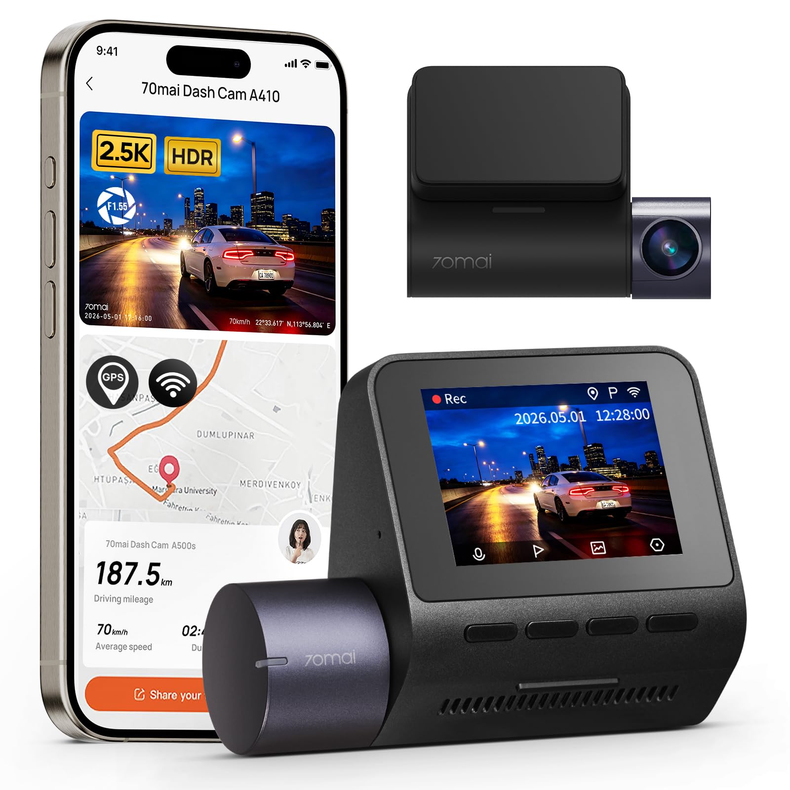 71MLtA3iyYL.jpg 70mai Dash Cam Pro Plus+ A500S 2.7K with GPS and ADAS, Front Camera - Image 1