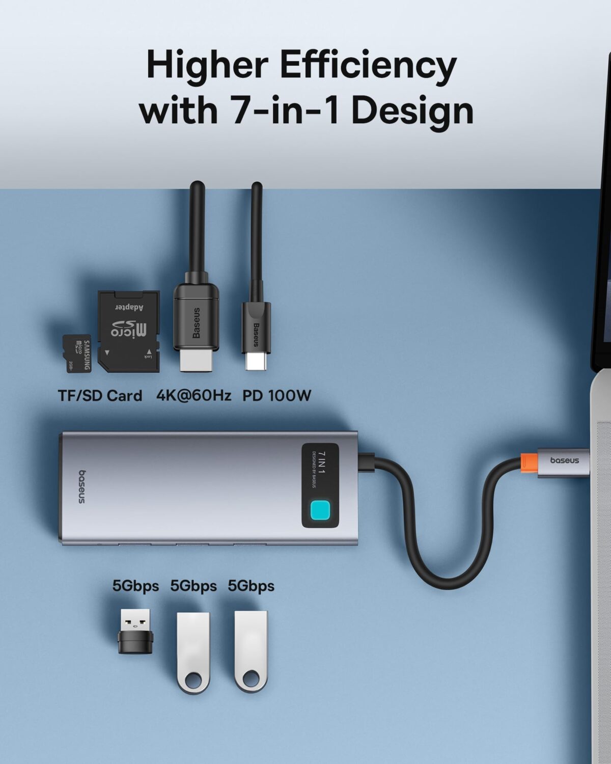 Baseus 7-in-1 USB-C Hub YK-60 with 4K HDMI and 100W Power Delivery, Silver - Image 2