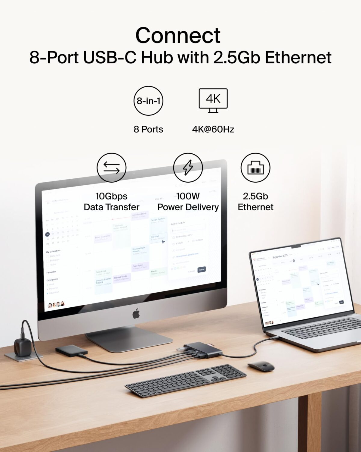 Belkin Connect 8-in-1 USB-C Hub with 4K HDMI, 2.5Gb Ethernet and 100W PD, Black - Image 2