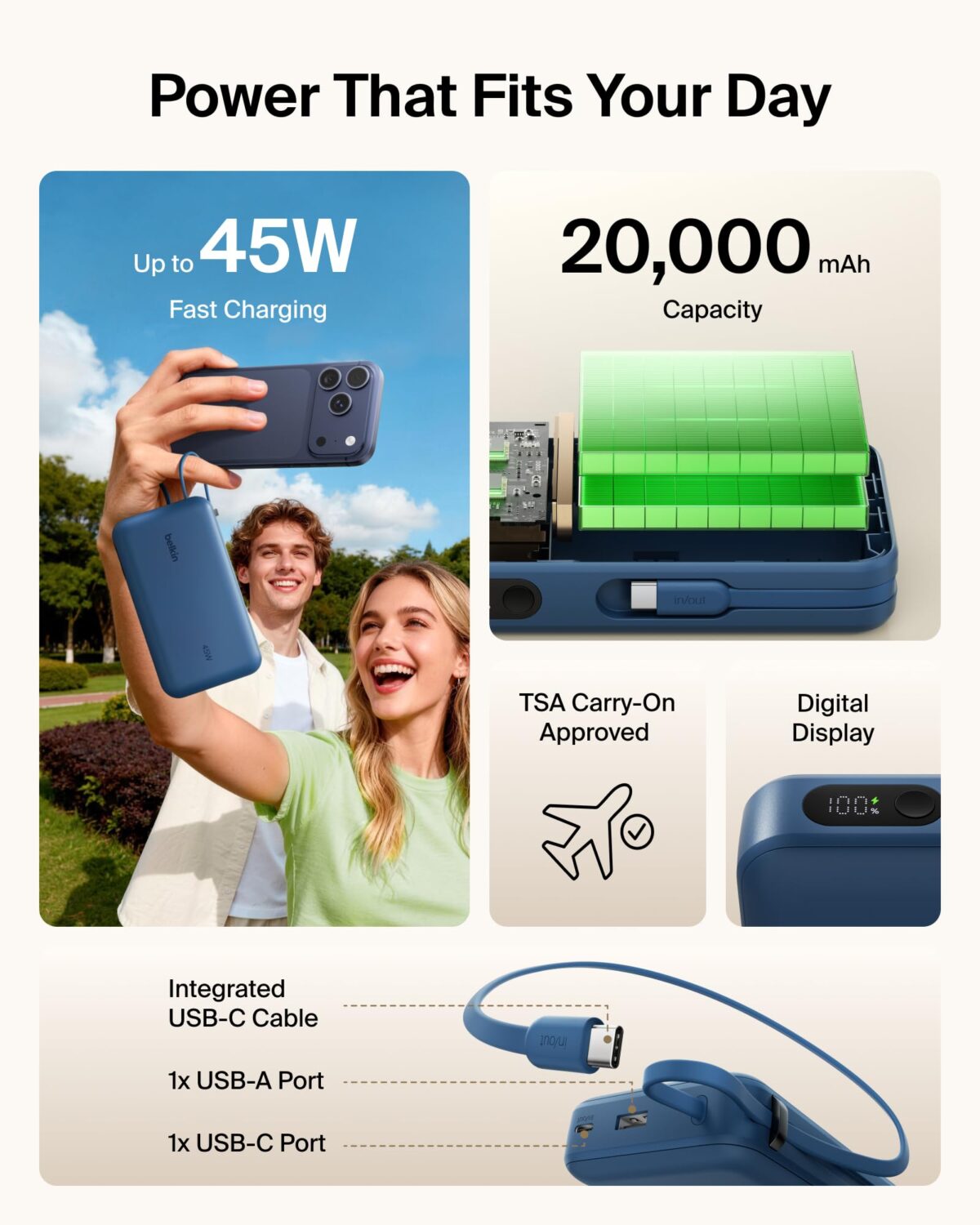 Belkin UltraCharge 20000mAh 45W Power Bank with Built-in USB-C Cable, Blue - Image 2