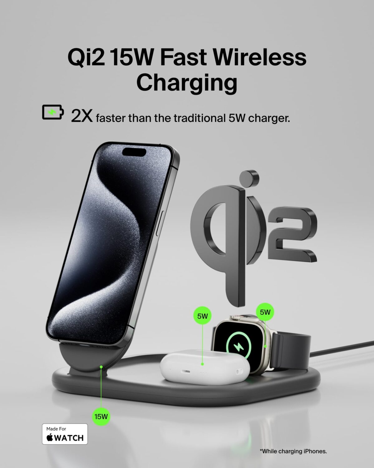 Belkin BoostCharge 3-in-1 Qi2 15W Foldable Wireless Charging Station, Black - Image 2