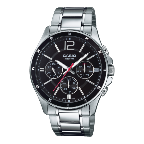 Casio MTP-1374D-1AV Men's Multi-Dial Watch, Black Dial, Steel Bracelet