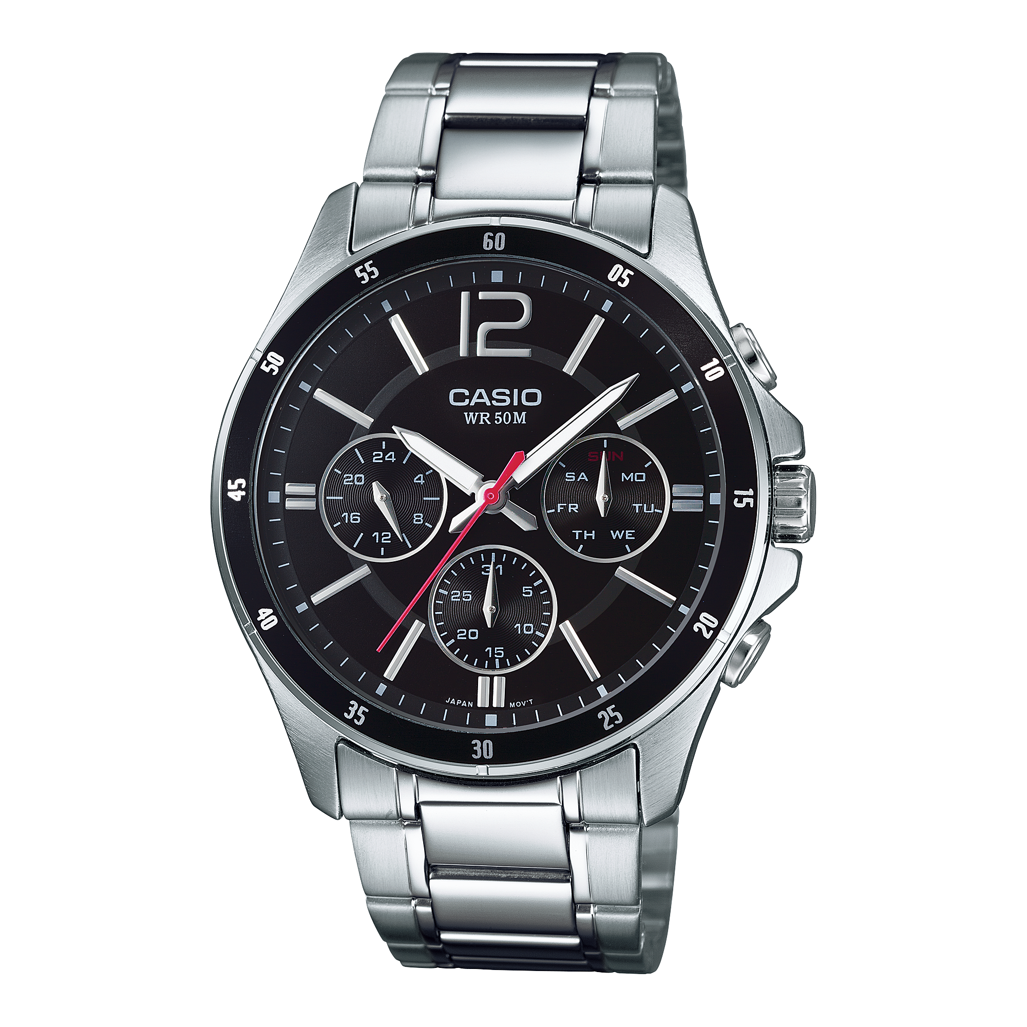 MTP-1374D-1AV.png Casio MTP-1374D-1AV Men's Multi-Dial Watch, Black Dial, Steel Bracelet - Image 1